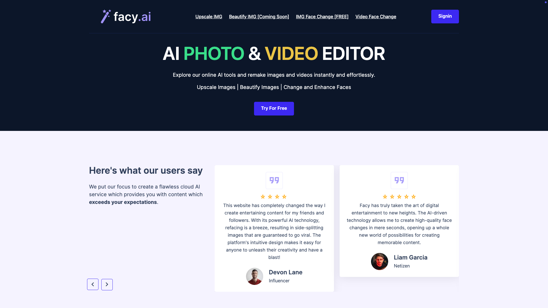 Screenshot of the Facy.ai website